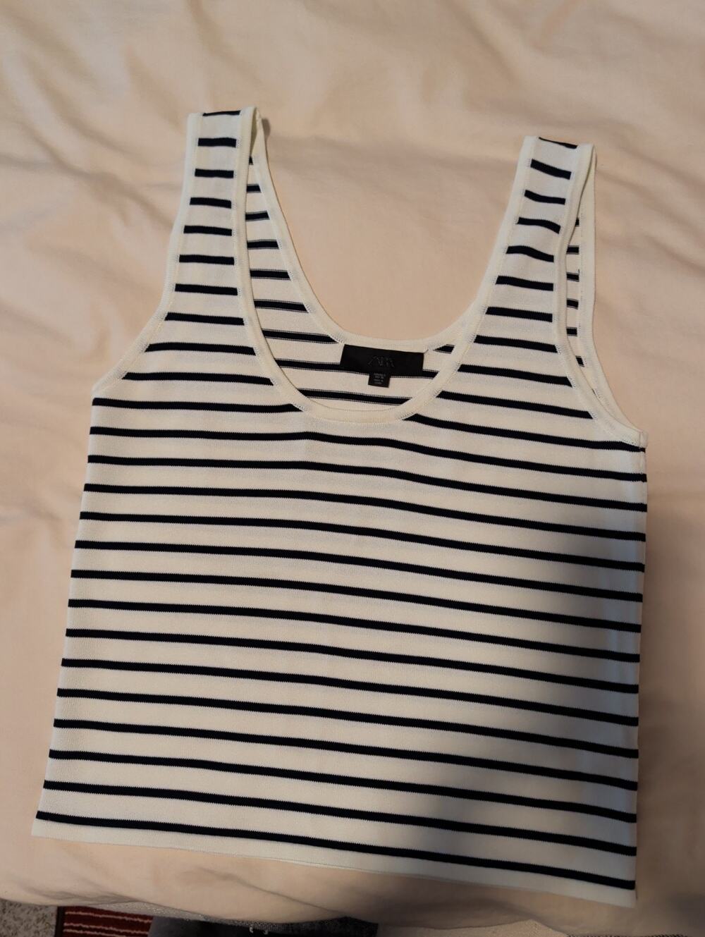 Zara Striped Ribbed Knit Tank Top Women Large Black White Scoop Neck